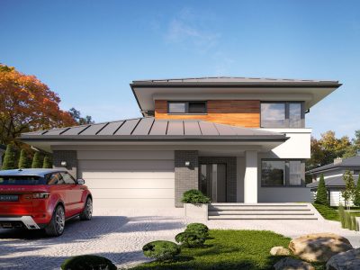 Proiect 111 — randare a casei: casă modernă cu etaj, 3 dormitoare, garaj dublu și terasă