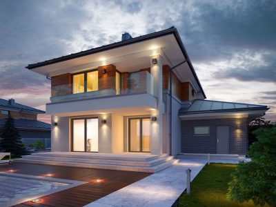 Proiect 111 — randare a casei: casă modernă cu etaj, 3 dormitoare, garaj dublu și terasă