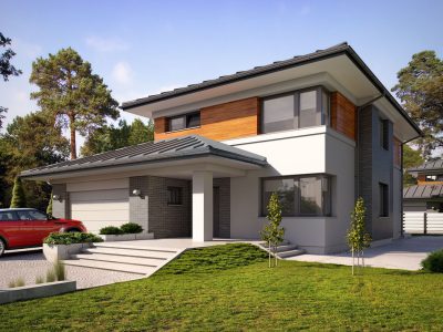 Proiect 111 — randare a casei: casă modernă cu etaj, 3 dormitoare, garaj dublu și terasă