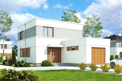 Proiect 112 — randare a casei: casă modernă cu etaj, 3 dormitoare, garaj și terasă