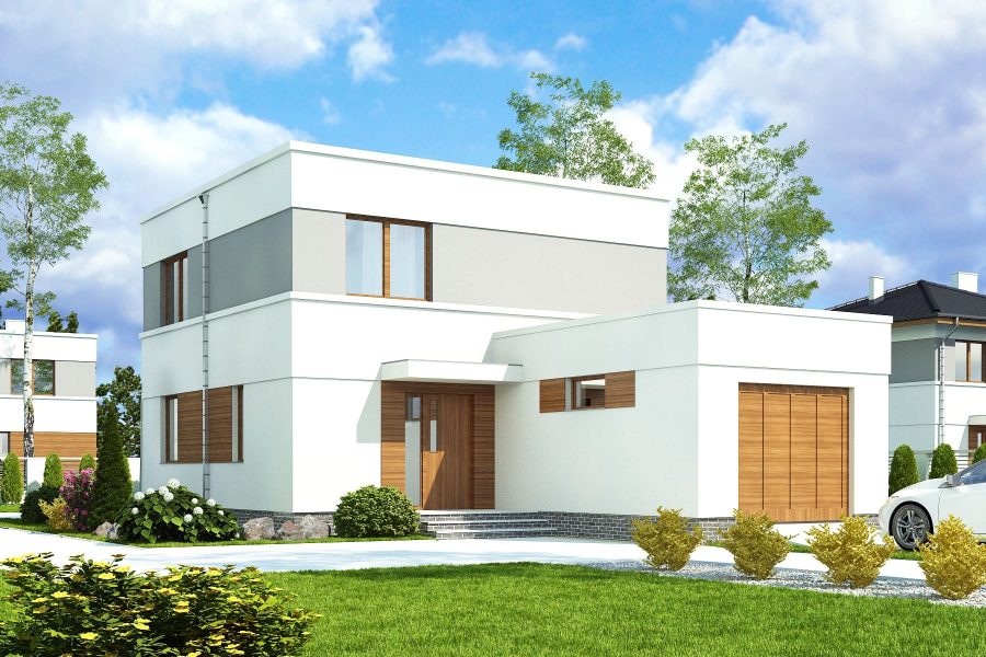 Proiect 112 — randare a casei: casă modernă cu etaj, 3 dormitoare, garaj și terasă