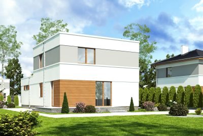 Proiect 112 — randare a casei: casă modernă cu etaj, 3 dormitoare, garaj și terasă
