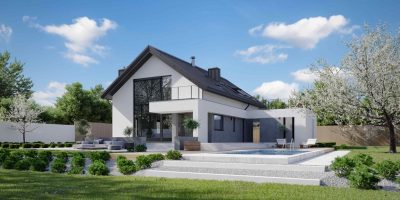 Proiect 113 — randare a casei: casă modernă cu etaj, 3 dormitoare, piscină, balcon și garaj