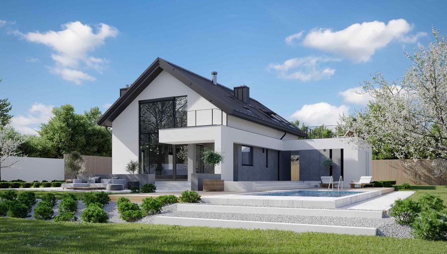 Proiect 113 — randare a casei: casă modernă cu etaj, 3 dormitoare, piscină, balcon și garaj