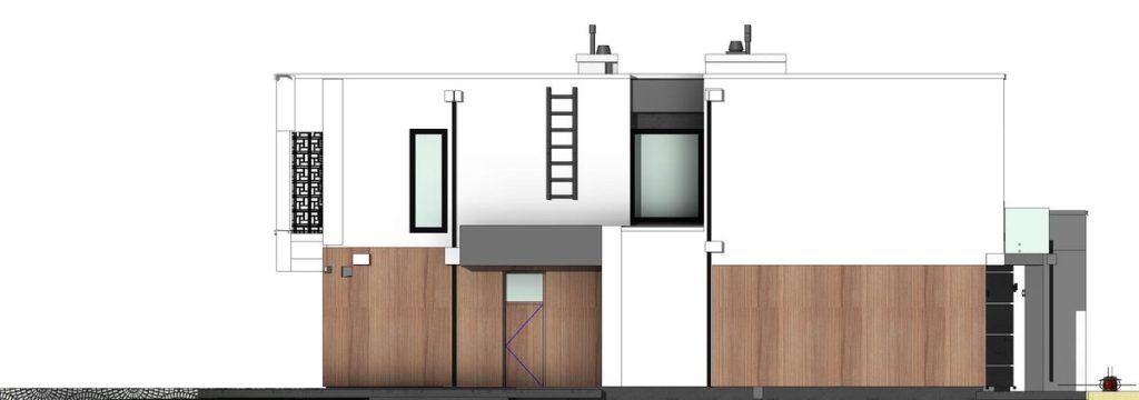 Proiect 114 — fațade: casă modernă cu etaj, 3 dormitoare, volume decalate și garaj dublu