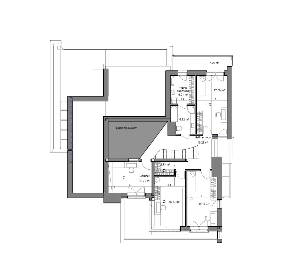 Proiect 114 — plan etaj: casă modernă cu etaj, 3 dormitoare, volume decalate și garaj dublu