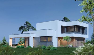 Proiect 114 — randare a casei: casă modernă cu etaj, 3 dormitoare, volume decalate și garaj dublu