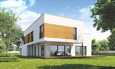 Proiect 115 — randare a casei: casă modernă cu etaj, 4 dormitoare și garaj dublu