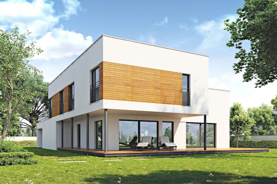 Proiect 115 — randare a casei: casă modernă cu etaj, 4 dormitoare și garaj dublu