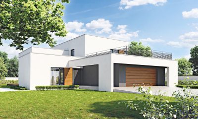 Proiect 115 — randare a casei: casă modernă cu etaj, 4 dormitoare și garaj dublu
