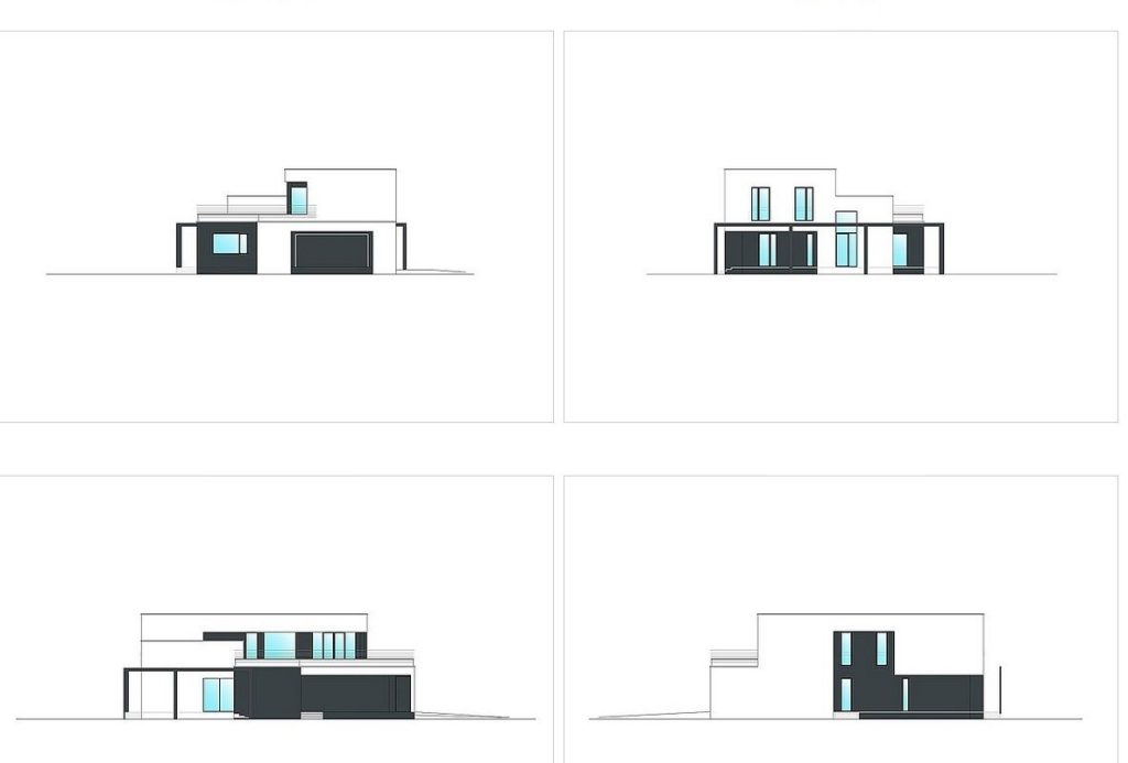 Proiect 116 — fațade: casă modernă cu etaj, 4 dormitoare, garaj dublu și balcon