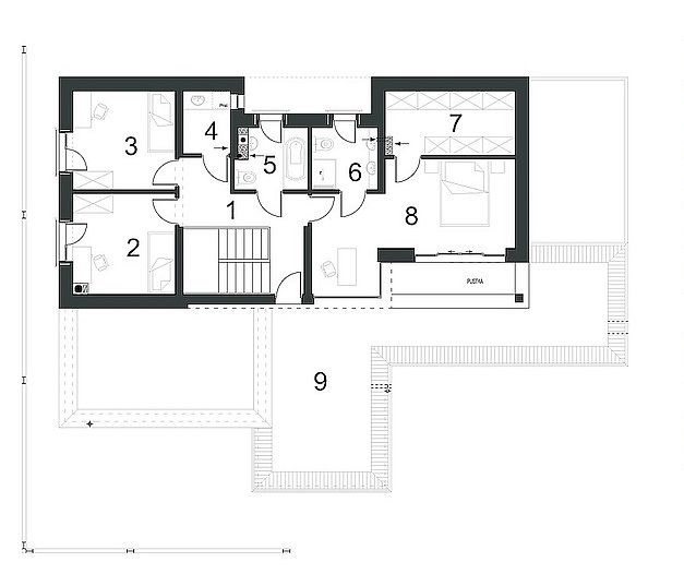Proiect 116 — plan etaj: casă modernă cu etaj, 4 dormitoare, garaj dublu și balcon