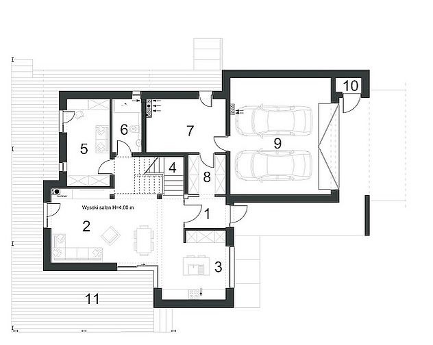 Proiect 116 — plan parter: casă modernă cu etaj, 4 dormitoare, garaj dublu și balcon