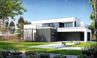 Proiect 116 — randare a casei: casă modernă cu etaj, 4 dormitoare, garaj dublu și balcon