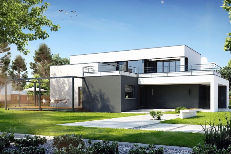 Proiect 116 — randare a casei: casă modernă cu etaj, 4 dormitoare, garaj dublu și balcon