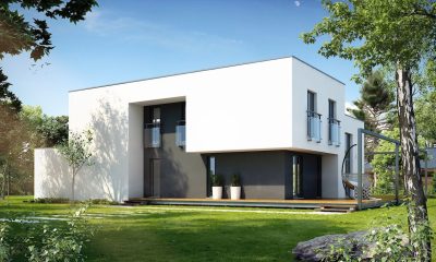 Proiect 116 — randare a casei: casă modernă cu etaj, 4 dormitoare, garaj dublu și balcon