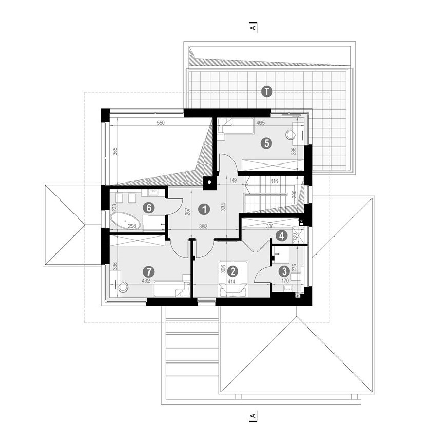 Proiect 117 — plan etaj: casă modernă cu etaj, 4 dormitoare, garaj dublu și lucarne