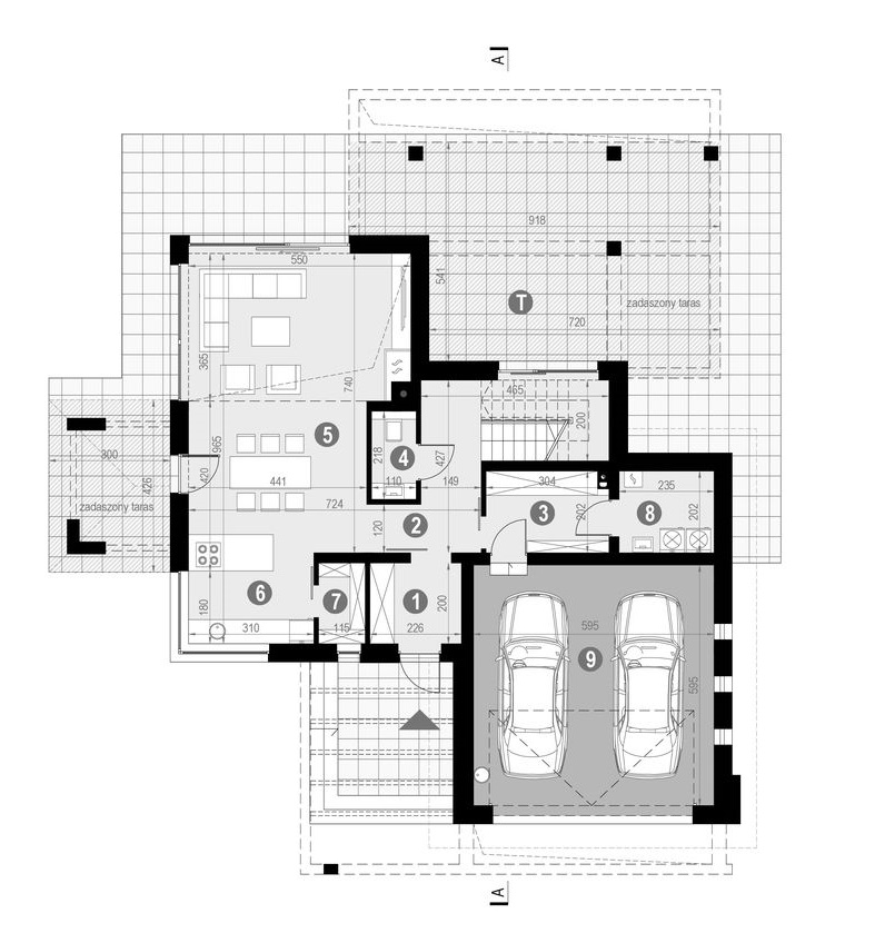 Proiect 117 — plan parter: casă modernă cu etaj, 4 dormitoare, garaj dublu și lucarne