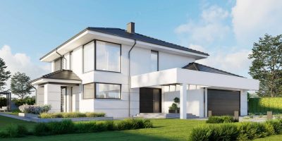 Proiect 117 — randare a casei: casă modernă cu etaj, 4 dormitoare, garaj dublu și lucarne