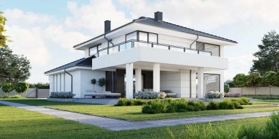 Proiect 117 — randare a casei: casă modernă cu etaj, 4 dormitoare, garaj dublu și lucarne