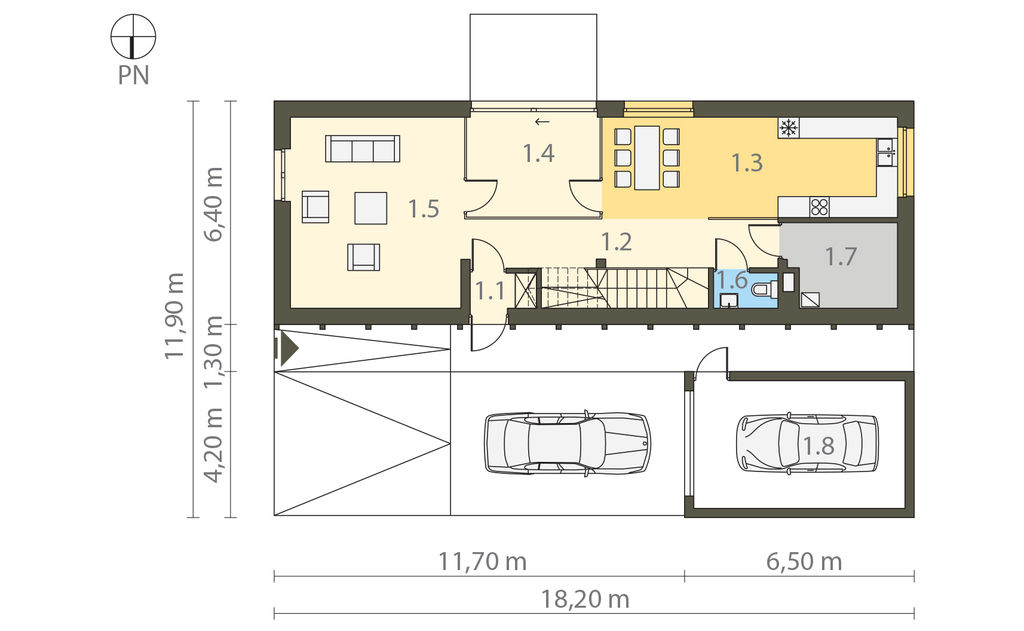 Proiect 118 — plan parter: casă modernă cu etaj, 4 dormitoare, perete verde și garaj dublu