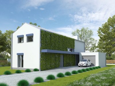 Proiect 118 — randare a casei: casă modernă cu etaj, 4 dormitoare, perete verde și garaj dublu