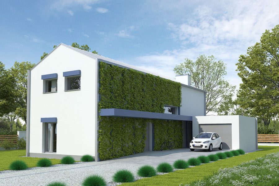 Proiect 118 — randare a casei: casă modernă cu etaj, 4 dormitoare, perete verde și garaj dublu