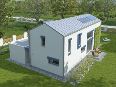 Proiect 118 — randare a casei: casă modernă cu etaj, 4 dormitoare, perete verde și garaj dublu