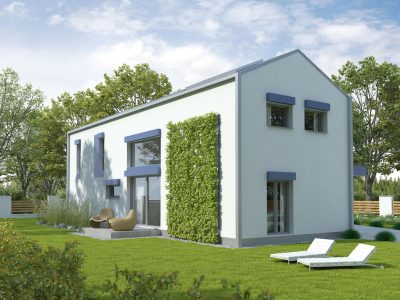 Proiect 118 — randare a casei: casă modernă cu etaj, 4 dormitoare, perete verde și garaj dublu