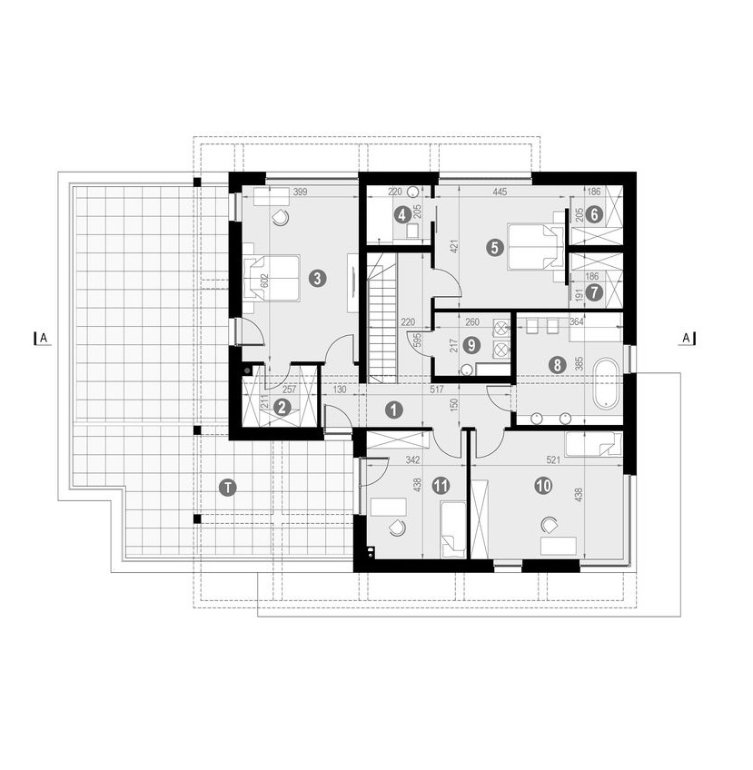 Proiect 119 — plan etaj: casă modernă cu etaj, 4 dormitoare, piscină și garaj dublu