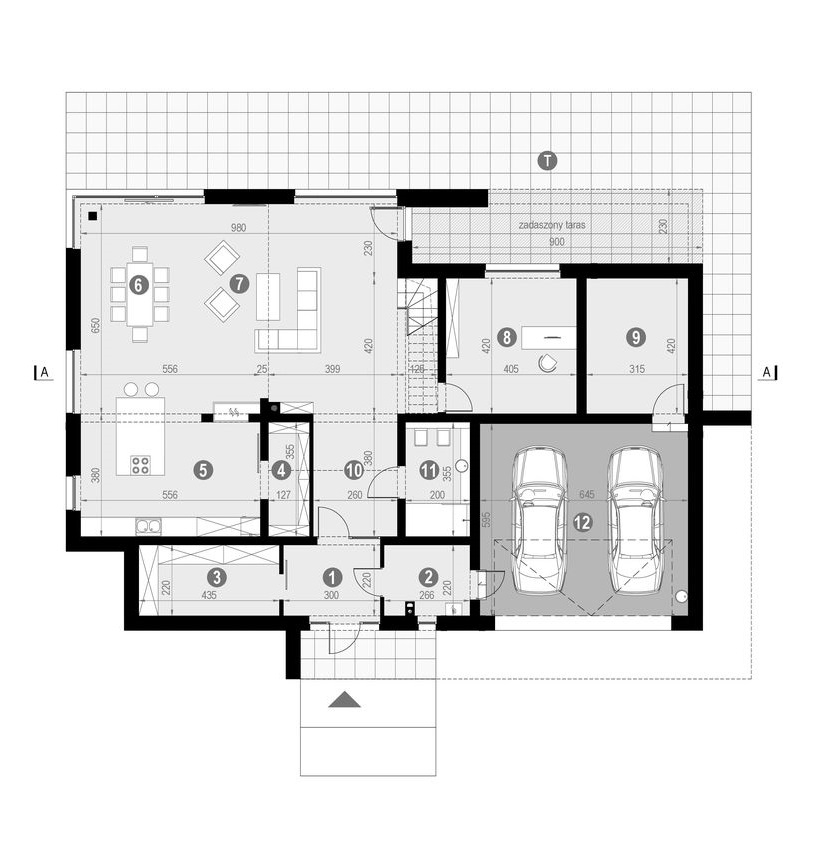 Proiect 119 — plan parter: casă modernă cu etaj, 4 dormitoare, piscină și garaj dublu