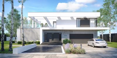 Proiect 119 — randare a casei: casă modernă cu etaj, 4 dormitoare, piscină și garaj dublu