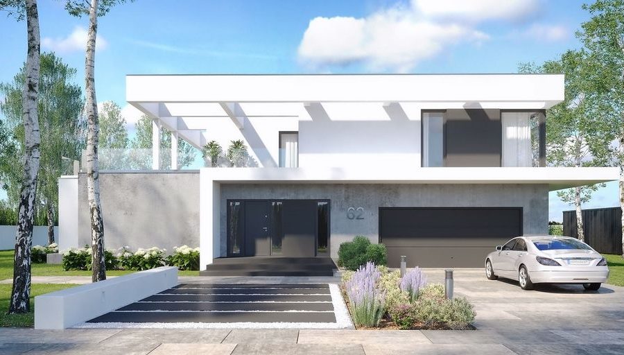 Proiect 119 — randare a casei: casă modernă cu etaj, 4 dormitoare, piscină și garaj dublu
