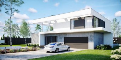 Proiect 119 — randare a casei: casă modernă cu etaj, 4 dormitoare, piscină și garaj dublu