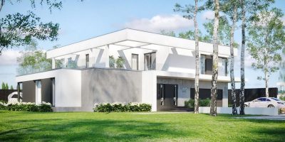 Proiect 119 — randare a casei: casă modernă cu etaj, 4 dormitoare, piscină și garaj dublu