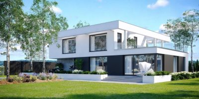 Proiect 119 — randare a casei: casă modernă cu etaj, 4 dormitoare, piscină și garaj dublu