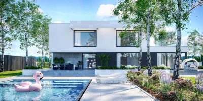 Proiect 119 — randare a casei: casă modernă cu etaj, 4 dormitoare, piscină și garaj dublu
