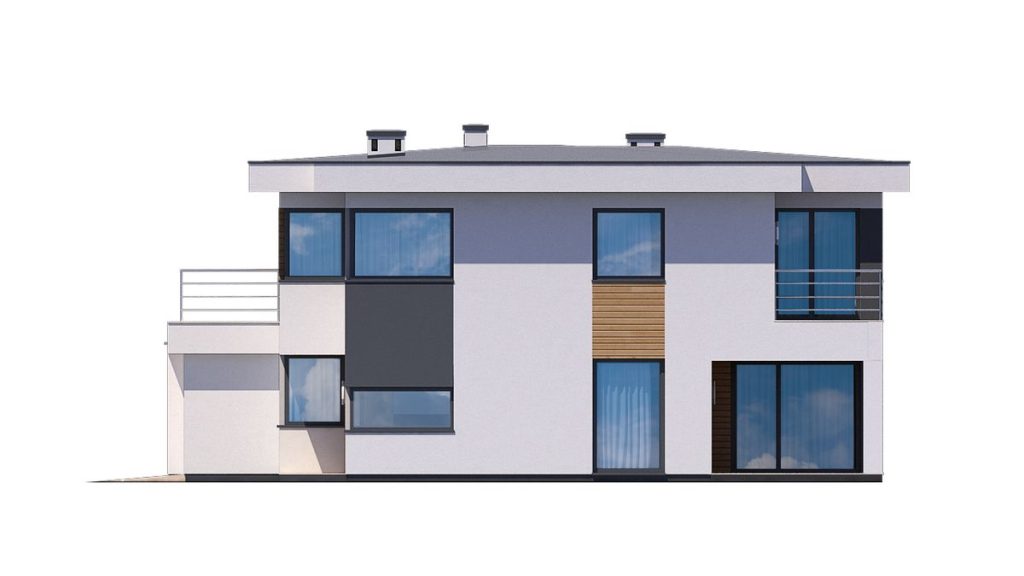 Proiect 120 — fațade: casă modernă cu etaj, 4 dormitoare, piscină, terasă și garaj