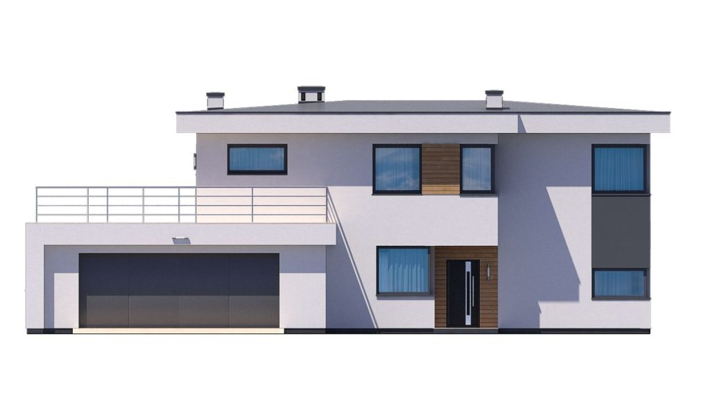 Proiect 120 — fațade: casă modernă cu etaj, 4 dormitoare, piscină, terasă și garaj