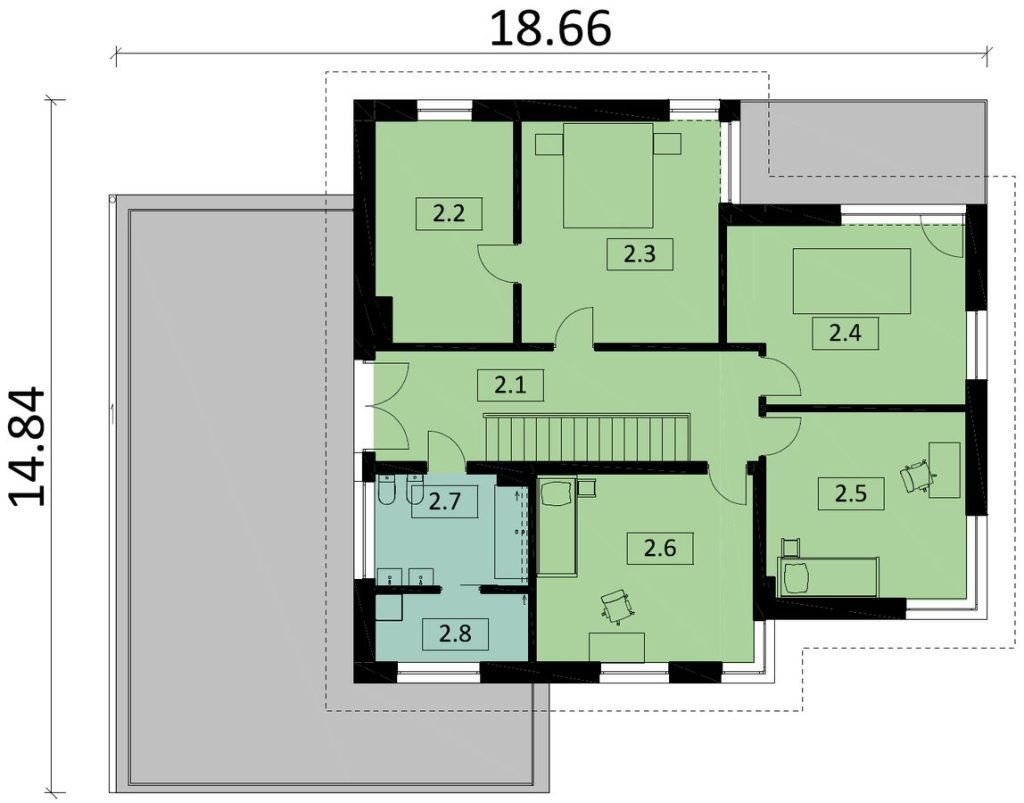 Proiect 120 — plan etaj: casă modernă cu etaj, 4 dormitoare, piscină, terasă și garaj