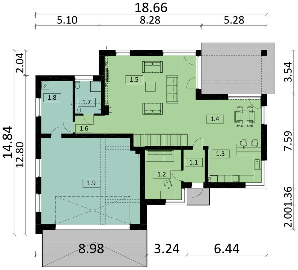 Proiect 120 — plan parter: casă modernă cu etaj, 4 dormitoare, piscină, terasă și garaj