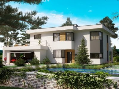 Proiect 120 — randare a casei: casă modernă cu etaj, 4 dormitoare, piscină, terasă și garaj