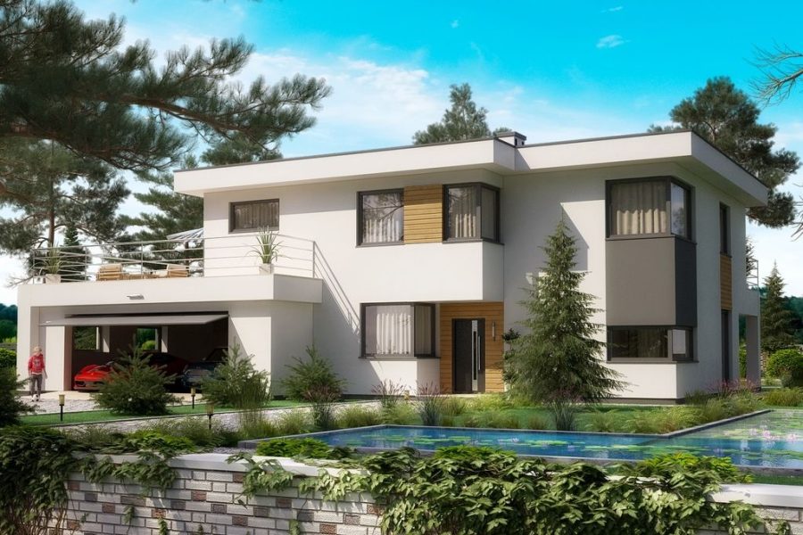 Proiect 120 — randare a casei: casă modernă cu etaj, 4 dormitoare, piscină, terasă și garaj