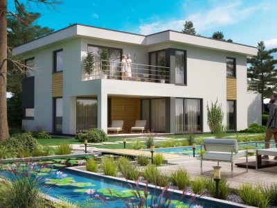 Proiect 120 — randare a casei: casă modernă cu etaj, 4 dormitoare, piscină, terasă și garaj