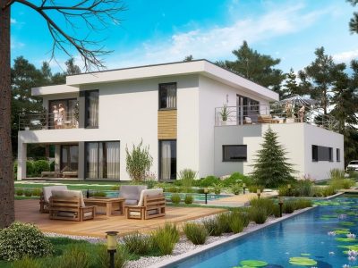 Proiect 120 — randare a casei: casă modernă cu etaj, 4 dormitoare, piscină, terasă și garaj
