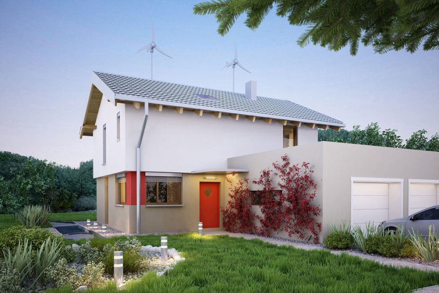 Proiect 121 — randare a casei: casă modernă cu etaj, 4 dormitoare, turbina eoliană și garaj dublu