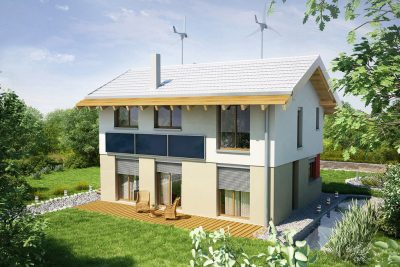 Proiect 121 — randare a casei: casă modernă cu etaj, 4 dormitoare, turbina eoliană și garaj dublu
