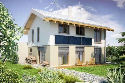 Proiect 121 — randare a casei: casă modernă cu etaj, 4 dormitoare, turbina eoliană și garaj dublu