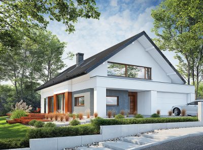 Proiect 122 — randare a casei: casă modernă cu etaj, 4 dormitoare, șemineu și garaj