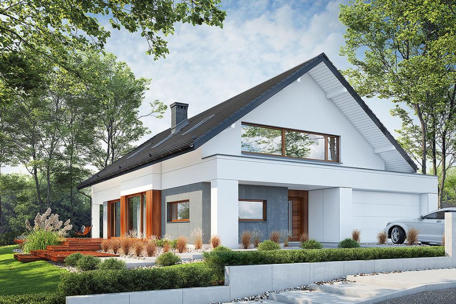 Proiect 122 — randare a casei: casă modernă cu etaj, 4 dormitoare, șemineu și garaj